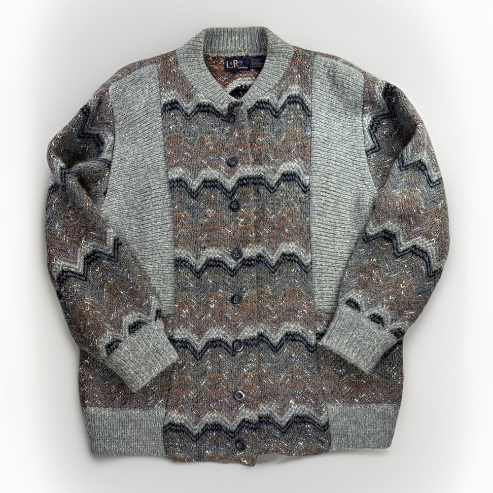 LeRoy Knitwear‎ Cardigan Sweater Mens Large Grey Zigzag Chevron Vintage